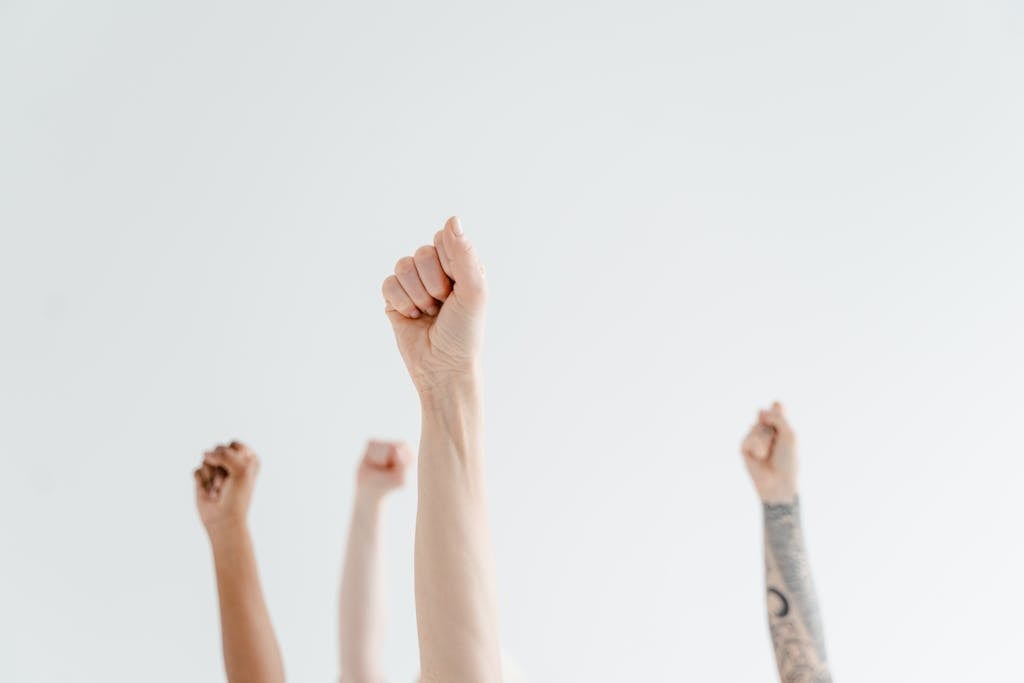 A group of diverse hands raised in solidarity, representing unity and empowerment.